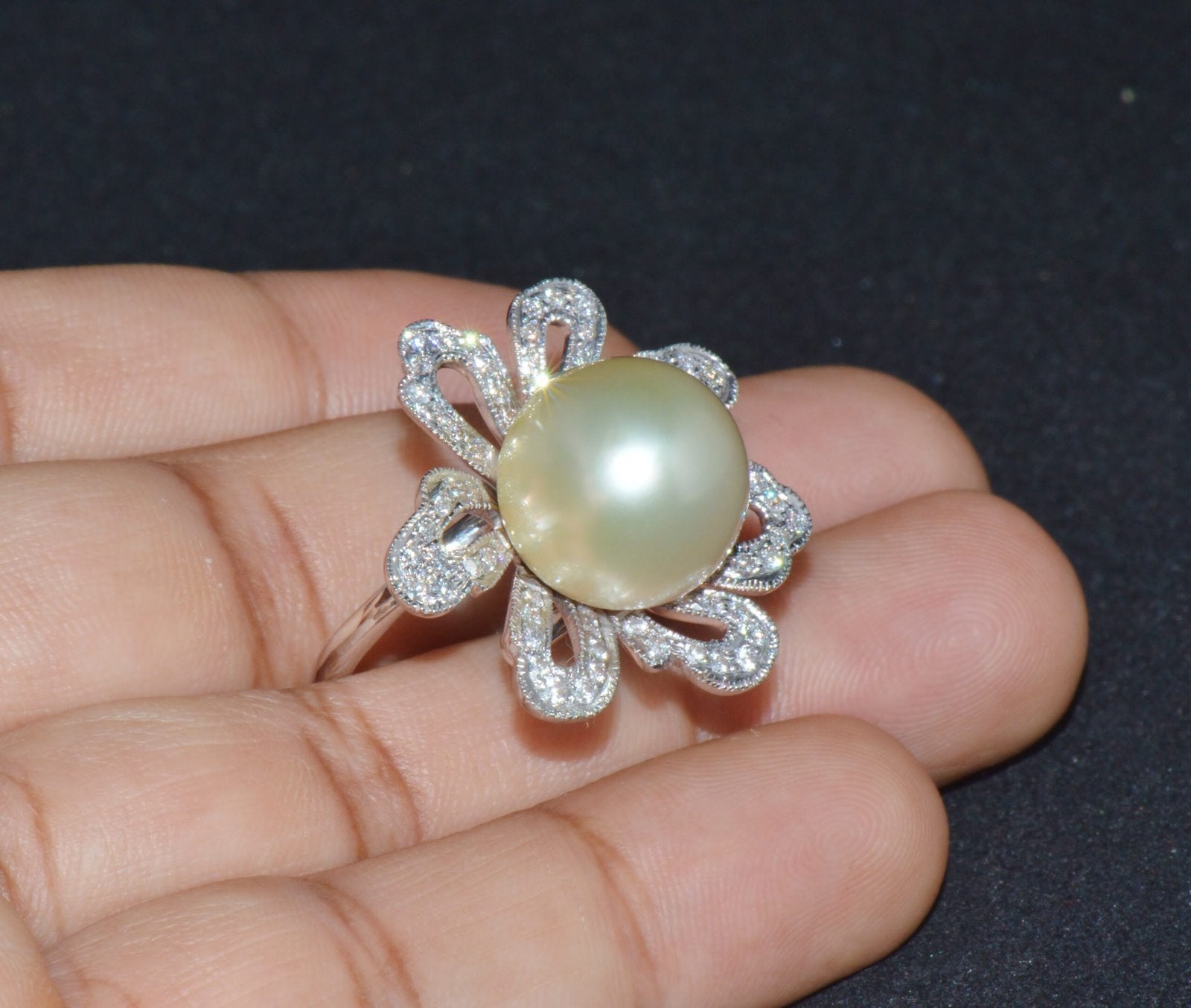 Certified Natural 0.88Cts VS F Diamond 14MM South Sea Pearl 18K Solid Gold Floral Ring