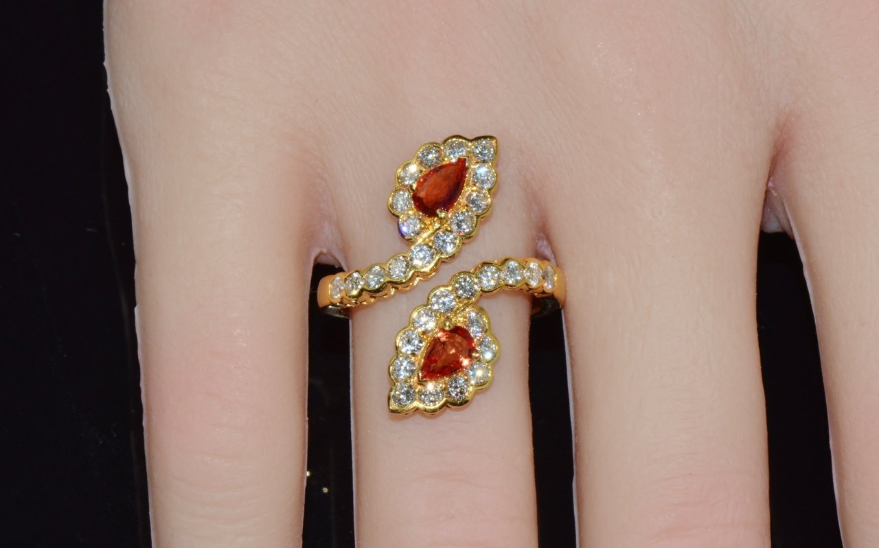 Certified Natural 2.15Cts VS F Diamond Orange Sapphire 18K Solid Gold Bypass Dinner Ring