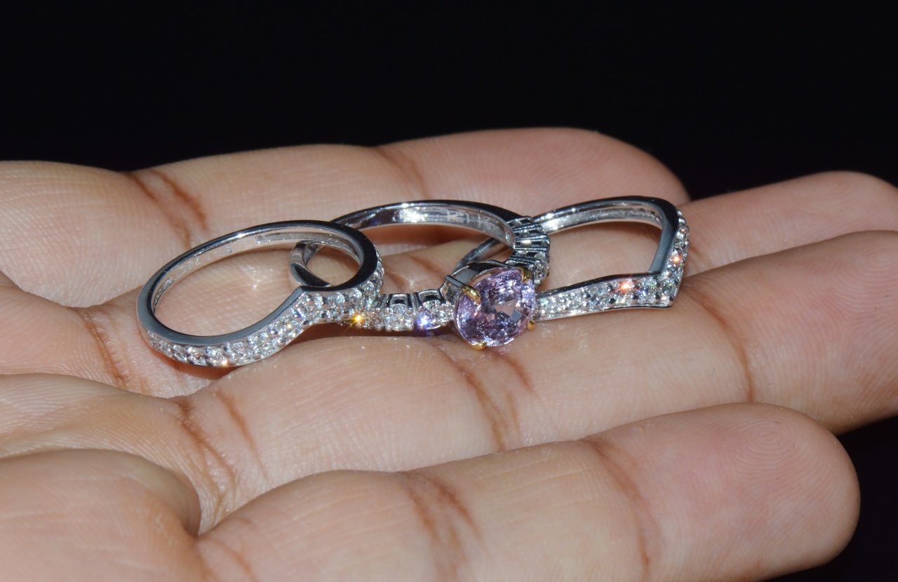 Set of Three GIA Natural 2.94CTS VS F Diamond Pink Purple Sapphire 18K Gold Stacking Rings