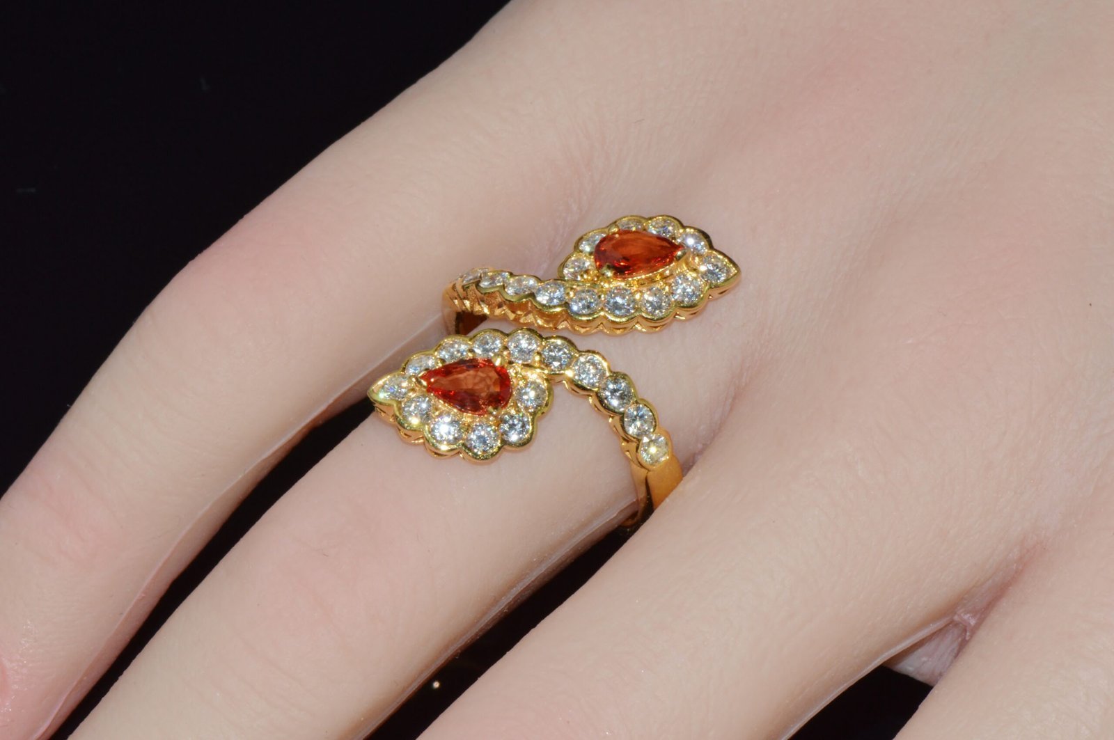 Certified Natural 2.15Cts VS F Diamond Orange Sapphire 18K Solid Gold Bypass Dinner Ring