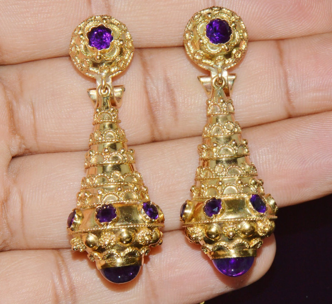 Gorgeous Italian Etruscan Revival 18K 750 Solid Gold Amethyst Dangle Chandelier Earrings