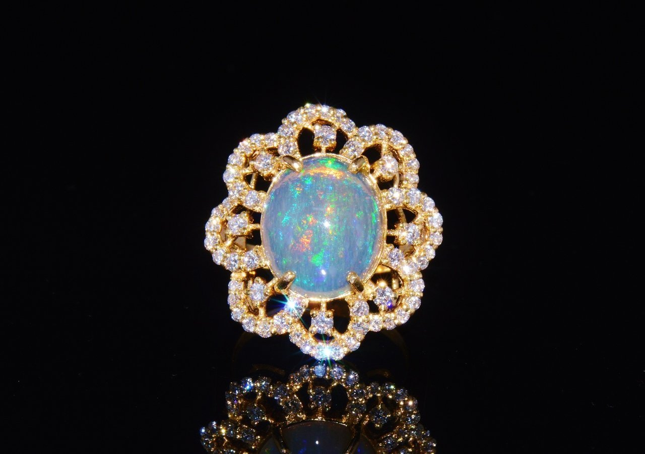 Certified Natural 6.29CTS VS F Diamond Opal 18K Solid Gold Floral Ring