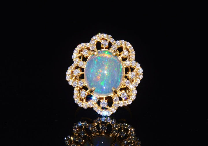 Certified Natural 6.29CTS VS F Diamond Opal 18K Solid Gold Floral Ring
