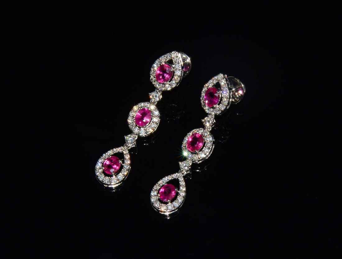 GIA 3.99CTW Natural Burma Ruby & Diamond 18K White Gold Dangle Earrings