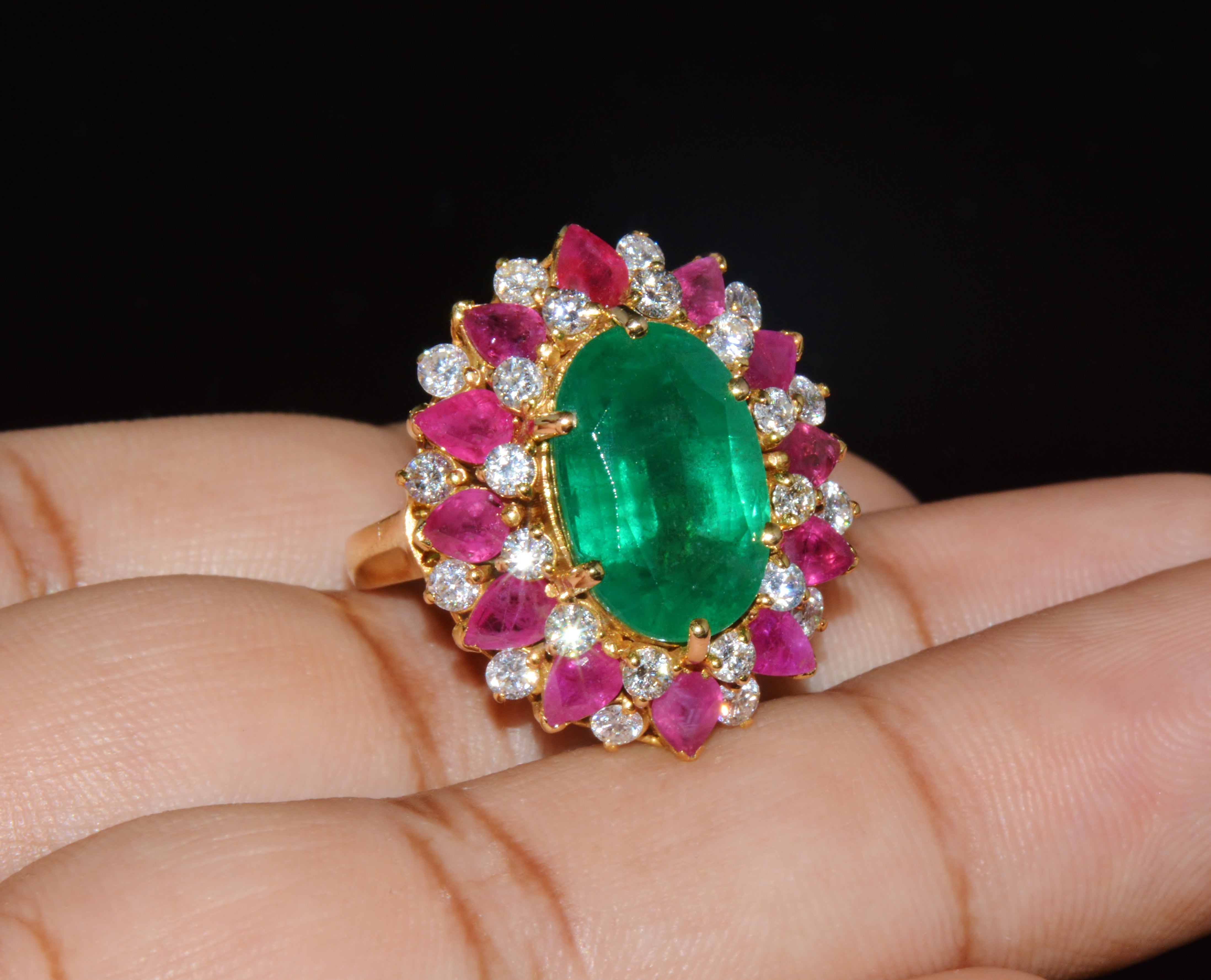 GIA Certified 11.39Ct Zambian Emerald, Ruby & Diamond 18K Gold Cocktail Ring