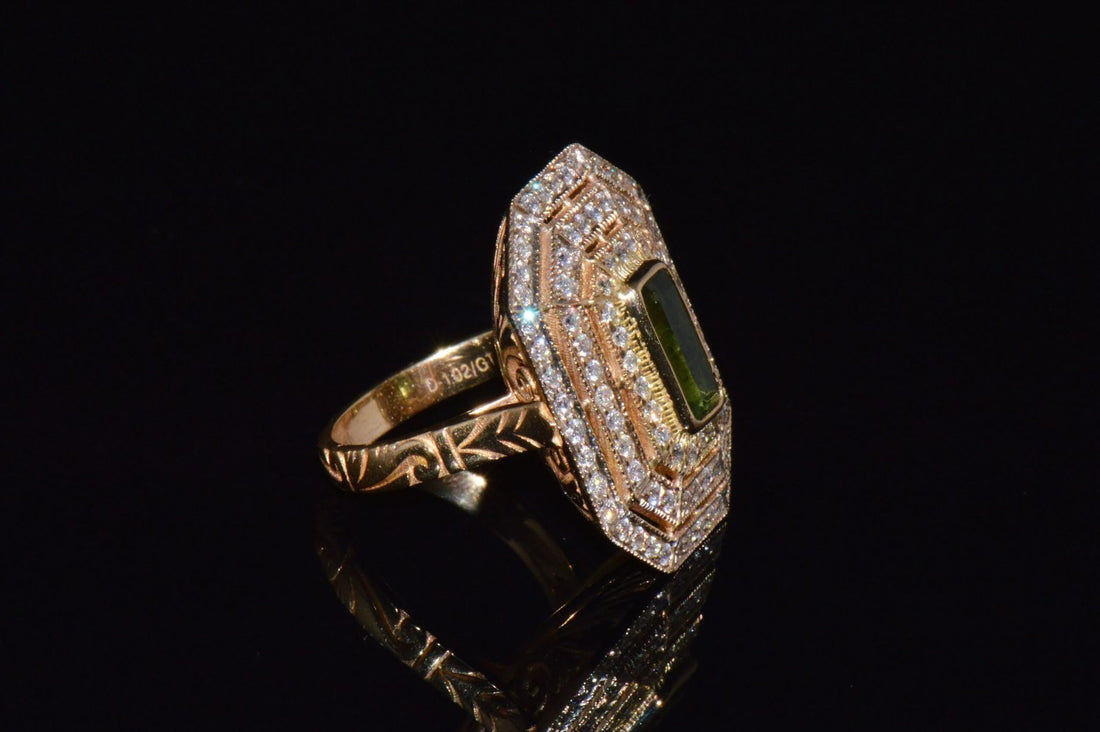 Certified Natural 2.82CTS VS F Diamond Green Tourmaline 750 18K Solid Gold Milgrain Cocktail Ring