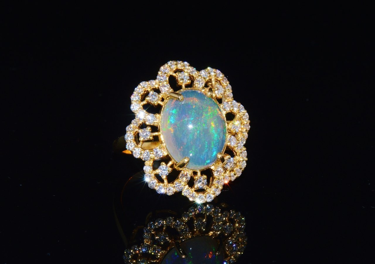 Certified Natural 6.29CTS VS F Diamond Opal 18K Solid Gold Floral Ring
