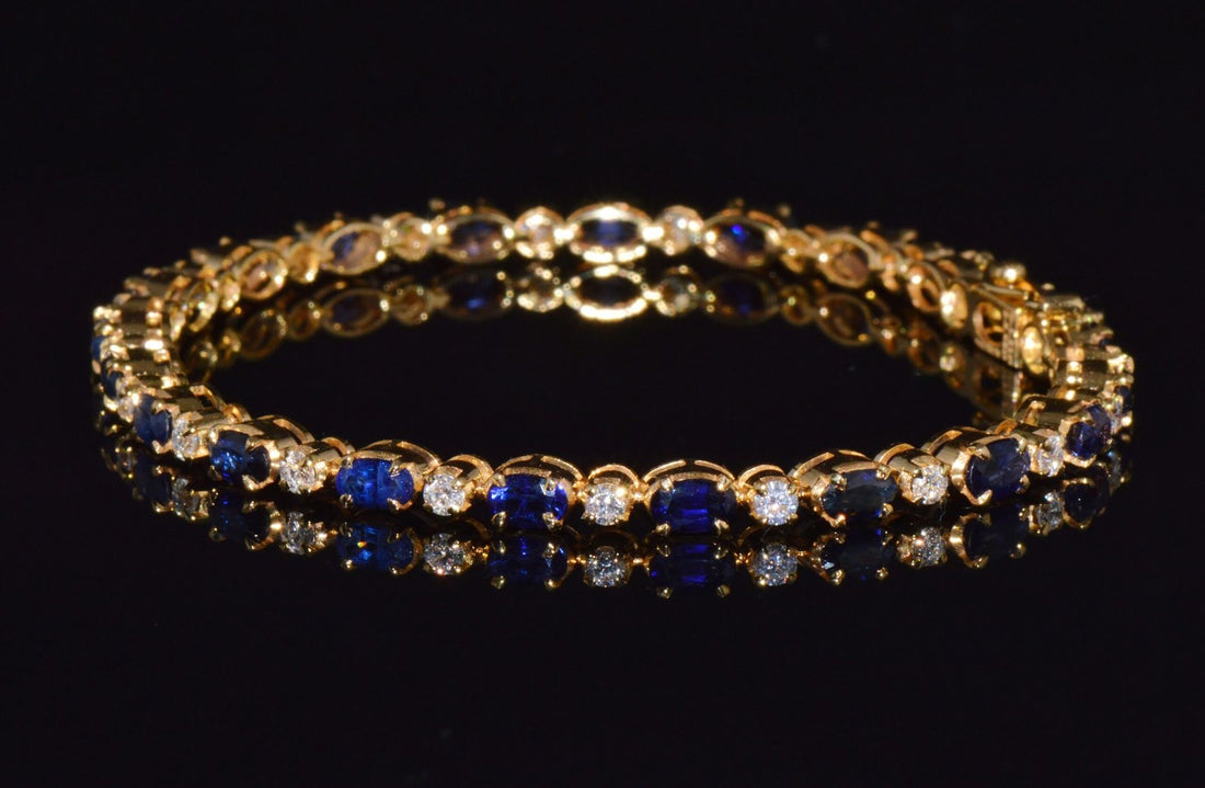 Certified Natural 7.09CT Blue Sapphire & Diamond Solid 18K Yellow Gold Tennis Stacking Bracelet