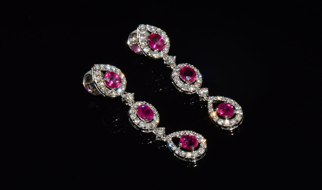 GIA 3.99CTW Natural Burma Ruby & Diamond 18K White Gold Dangle Earrings