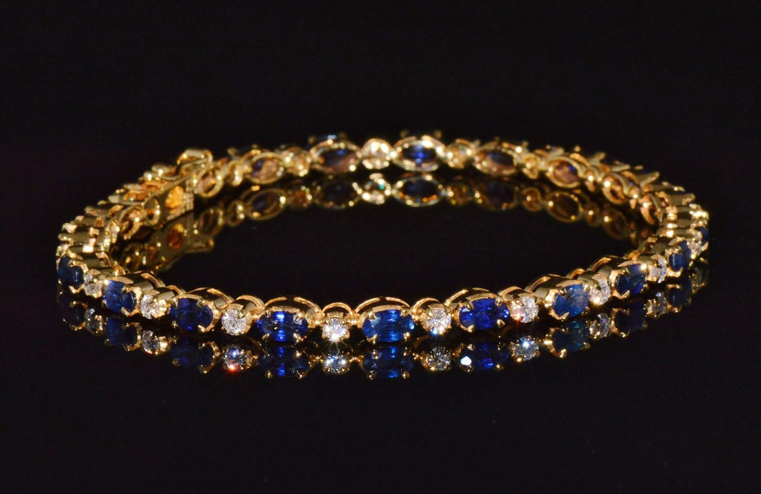 Certified Natural 7.09CT Blue Sapphire & Diamond Solid 18K Yellow Gold Tennis Stacking Bracelet