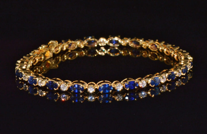 Certified Natural 7.09CT Blue Sapphire & Diamond Solid 18K Yellow Gold Tennis Stacking Bracelet