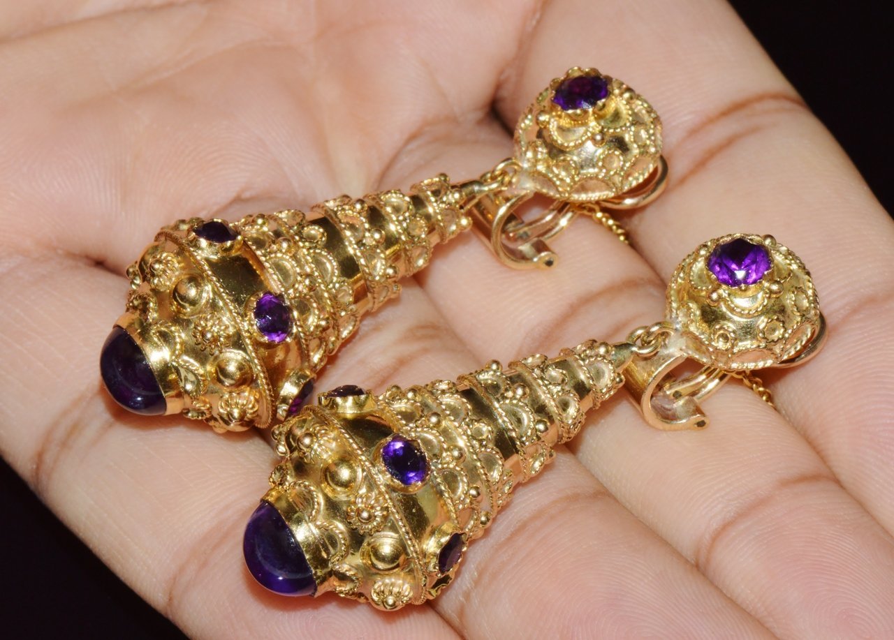 Gorgeous Italian Etruscan Revival 18K 750 Solid Gold Amethyst Dangle Chandelier Earrings