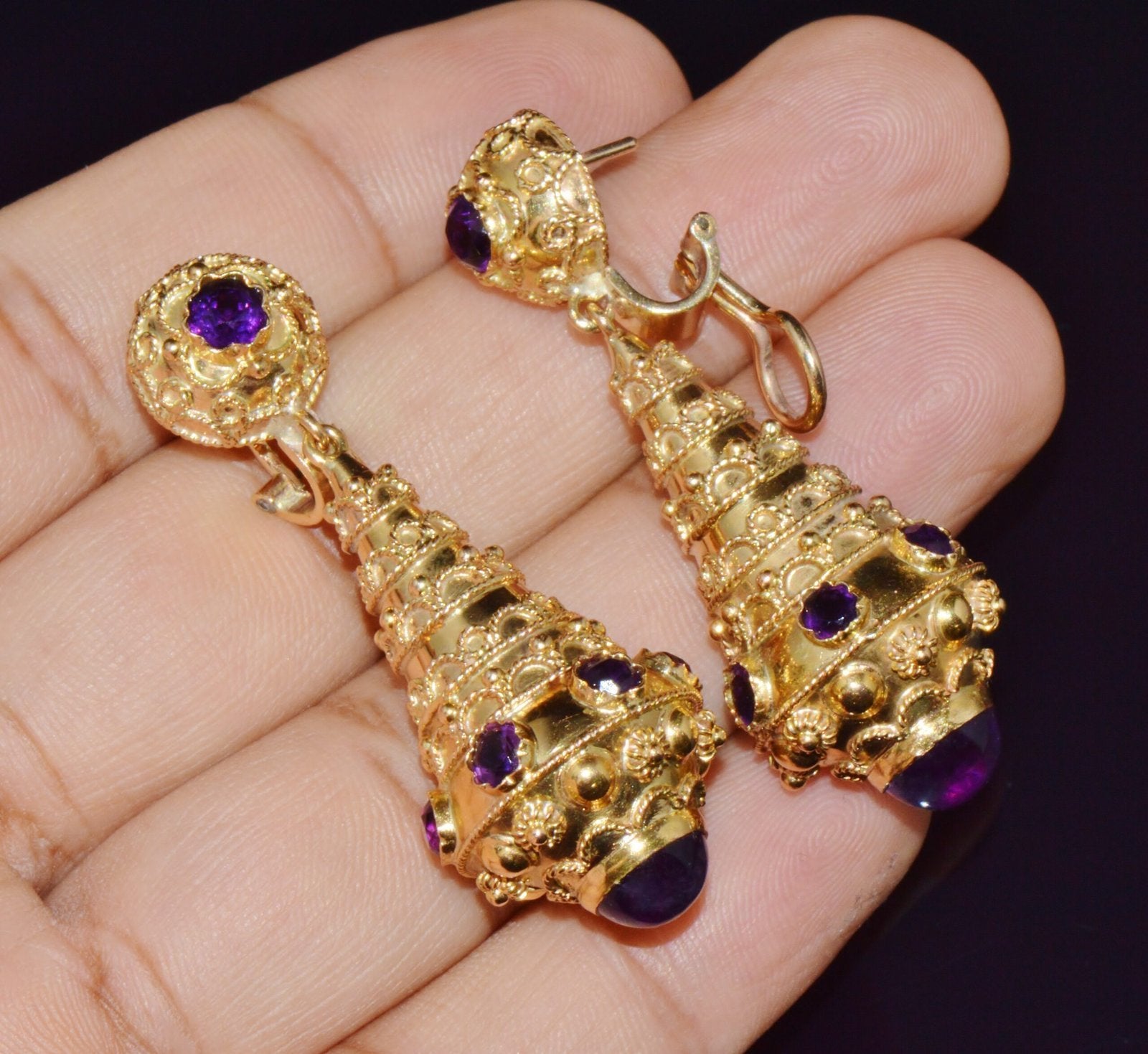 Gorgeous Italian Etruscan Revival 18K 750 Solid Gold Amethyst Dangle Chandelier Earrings