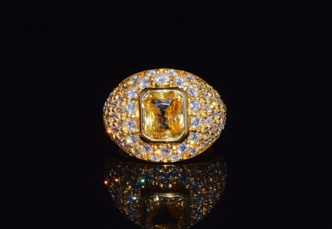 GIA Natural 5.7Cts VS Diamond Unheated Yellow Sapphire 18K Gold Bombay Dome Ring