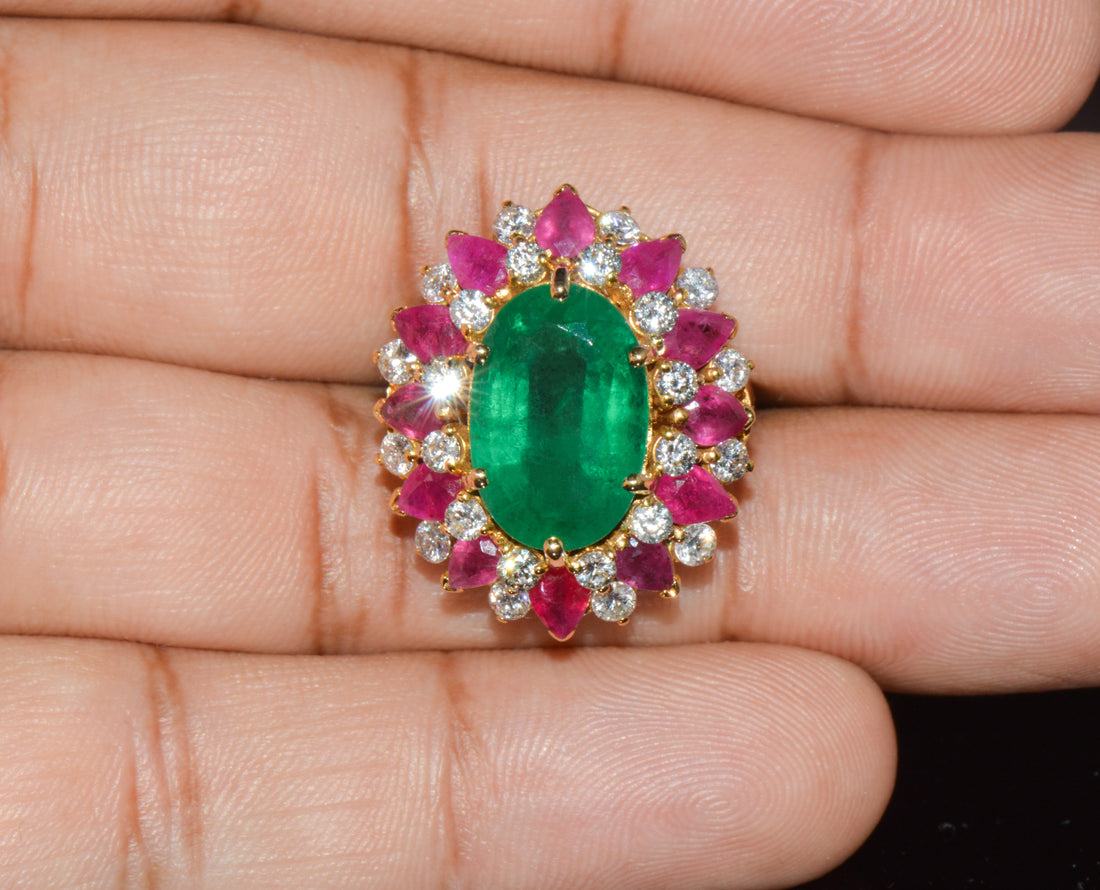 GIA Certified 11.39Ct Zambian Emerald, Ruby & Diamond 18K Gold Cocktail Ring