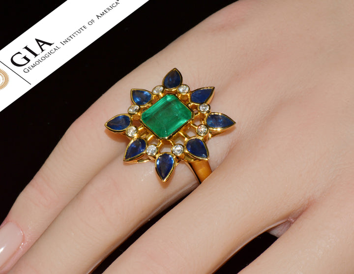 GIA Certified 8.20Cts Emerald Sapphire & Diamond 18K Gold Cocktail Ring