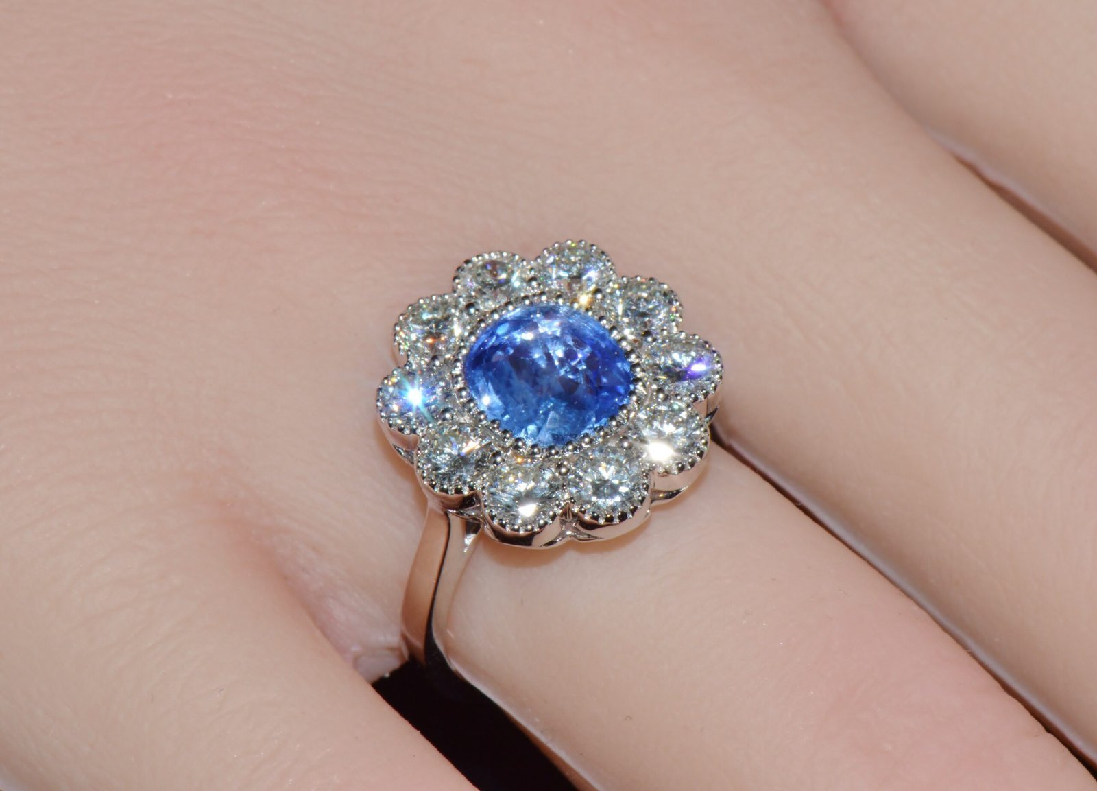 GIA Natural 3.78CTS VS F Diamond Royal Blue Sapphire 18K Gold Dinner Halo Ring