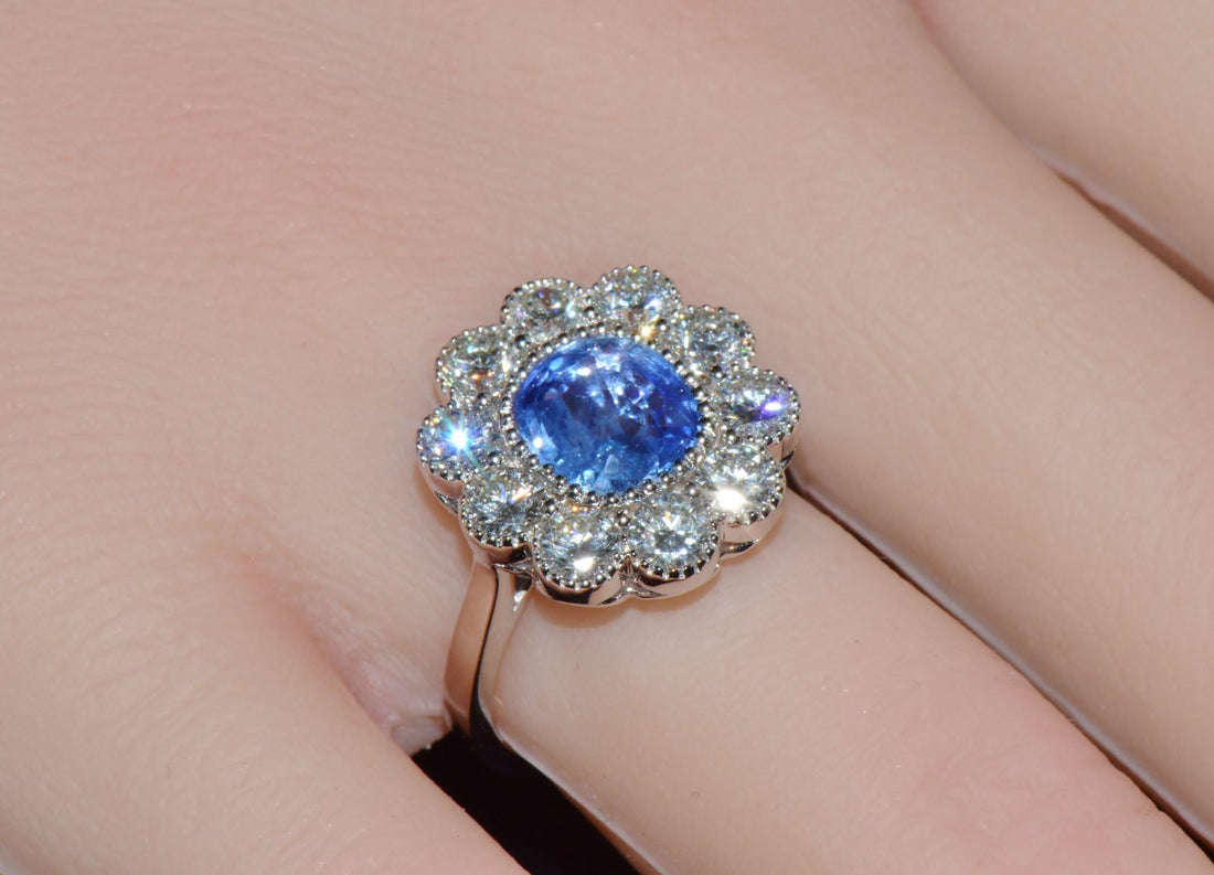 GIA Natural 3.78CTS VS F Diamond Royal Blue Sapphire 18K Gold Dinner Halo Ring