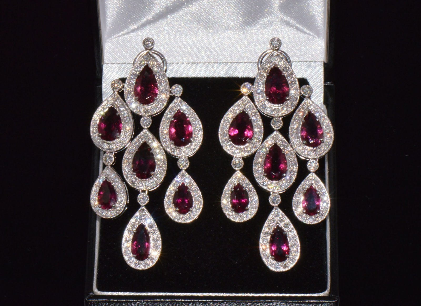Certified Natural 23.53CTS VS F Diamond Rubellite Tourmaline Chandelier Halo Earrings