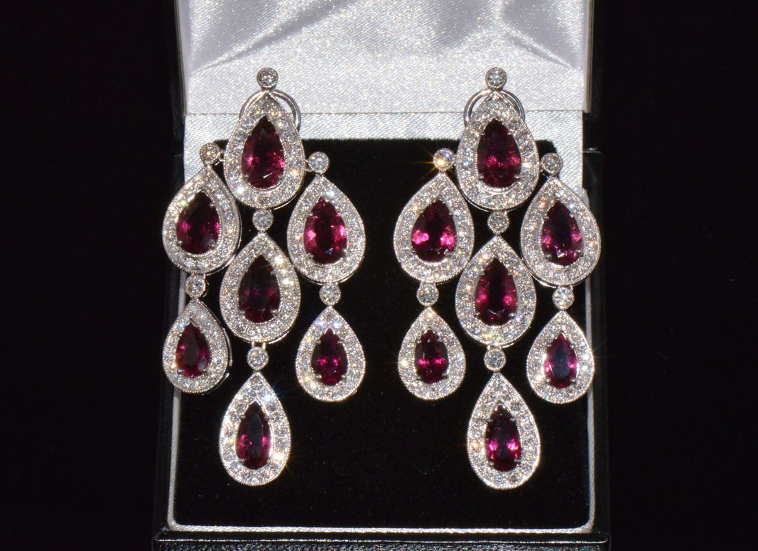 Certified Natural 23.53CTS VS F Diamond Rubellite Tourmaline Chandelier Halo Earrings
