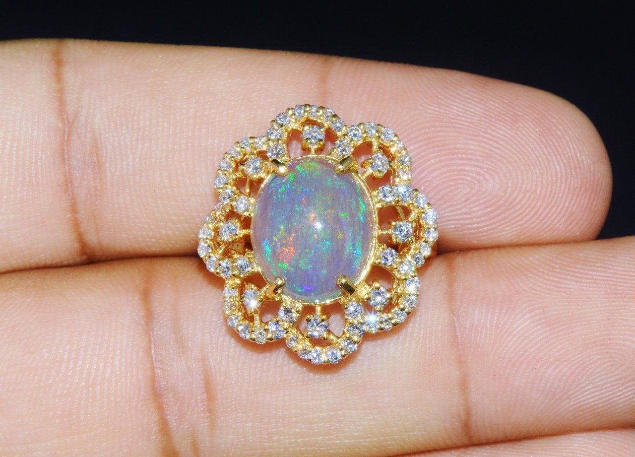 Certified Natural 6.29CTS VS F Diamond Opal 18K Solid Gold Floral Ring