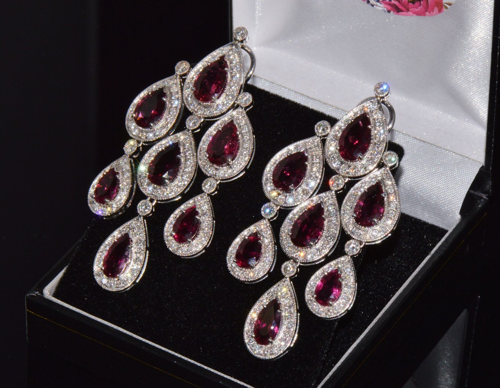Certified Natural 23.53CTS VS F Diamond Rubellite Tourmaline Chandelier Halo Earrings
