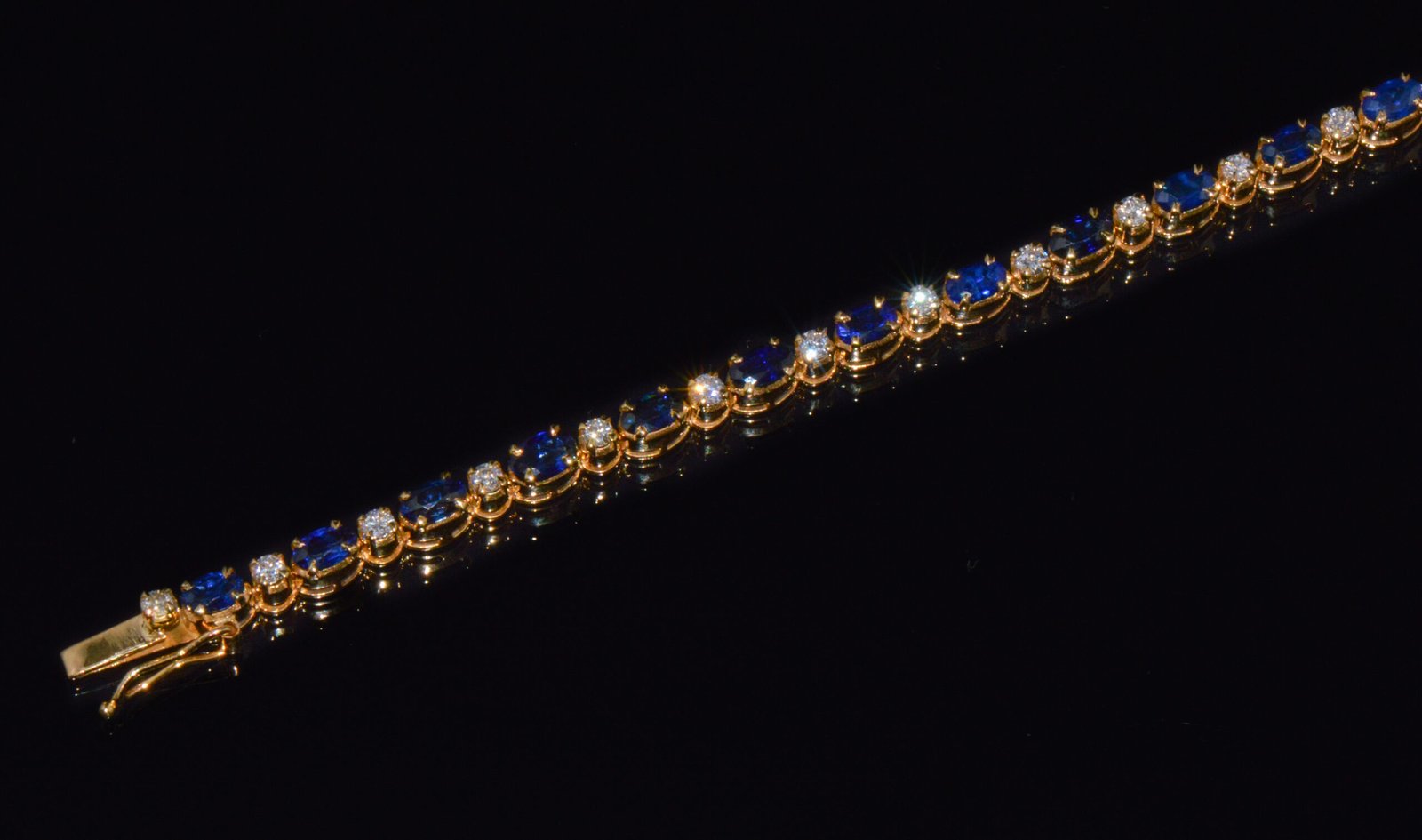 Certified Natural 7.09CT Blue Sapphire & Diamond Solid 18K Yellow Gold Tennis Stacking Bracelet