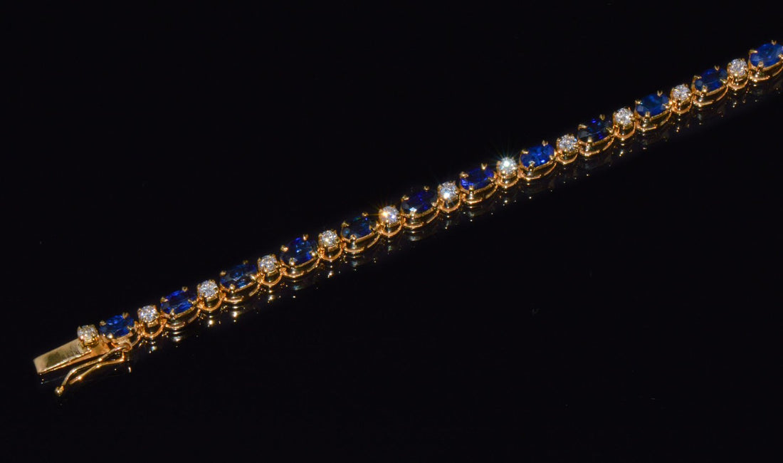 Certified Natural 7.09CT Blue Sapphire & Diamond Solid 18K Yellow Gold Tennis Stacking Bracelet