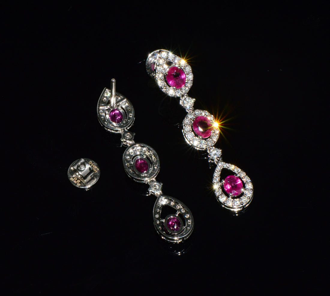 GIA 3.99CTW Natural Burma Ruby & Diamond 18K White Gold Dangle Earrings