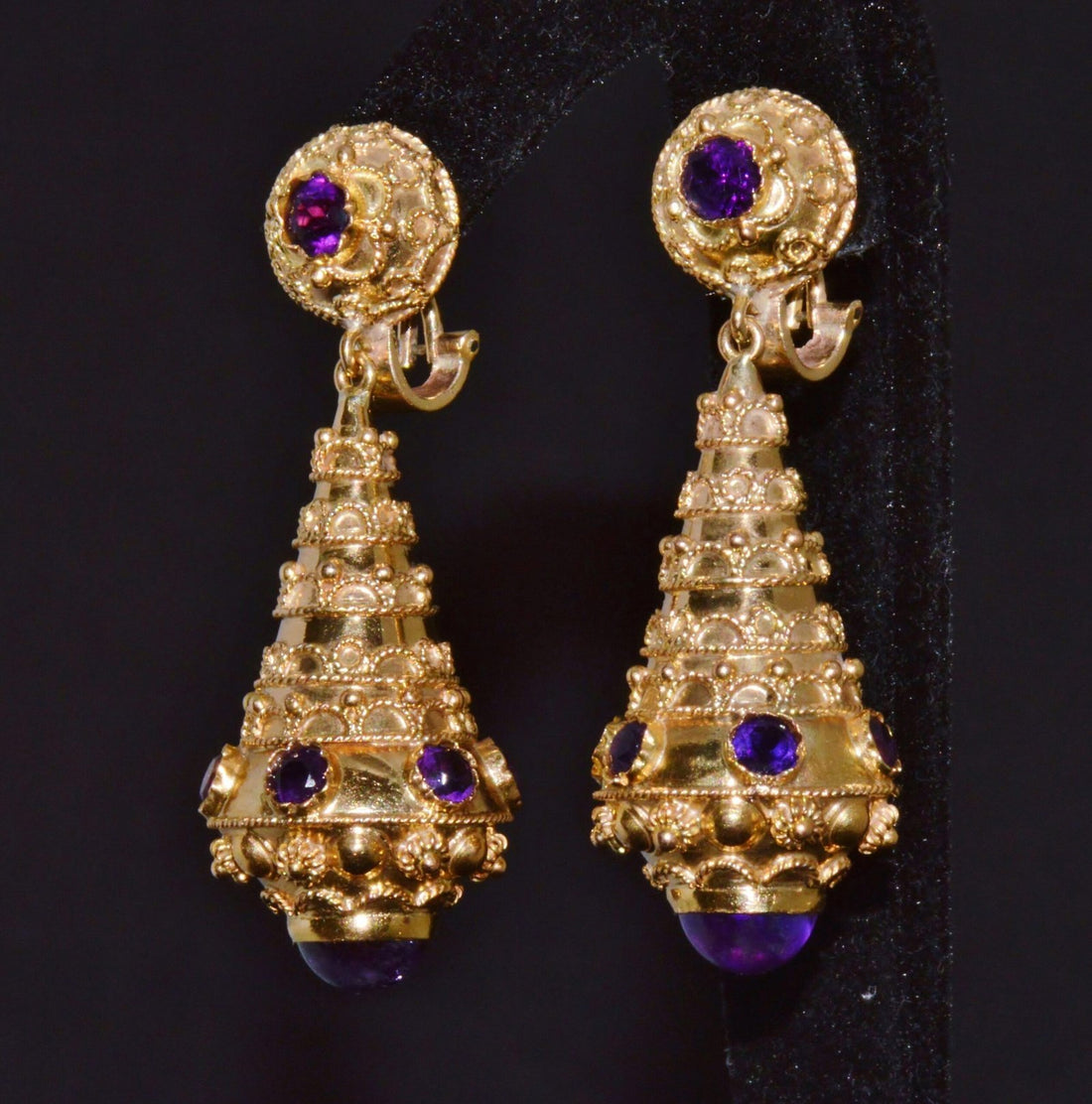 Gorgeous Italian Etruscan Revival 18K 750 Solid Gold Amethyst Dangle Chandelier Earrings