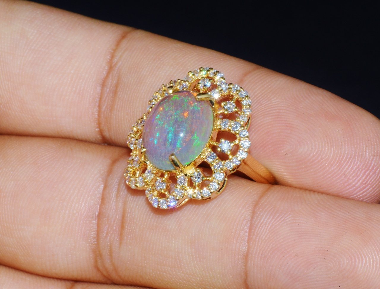 Certified Natural 6.29CTS VS F Diamond Opal 18K Solid Gold Floral Ring