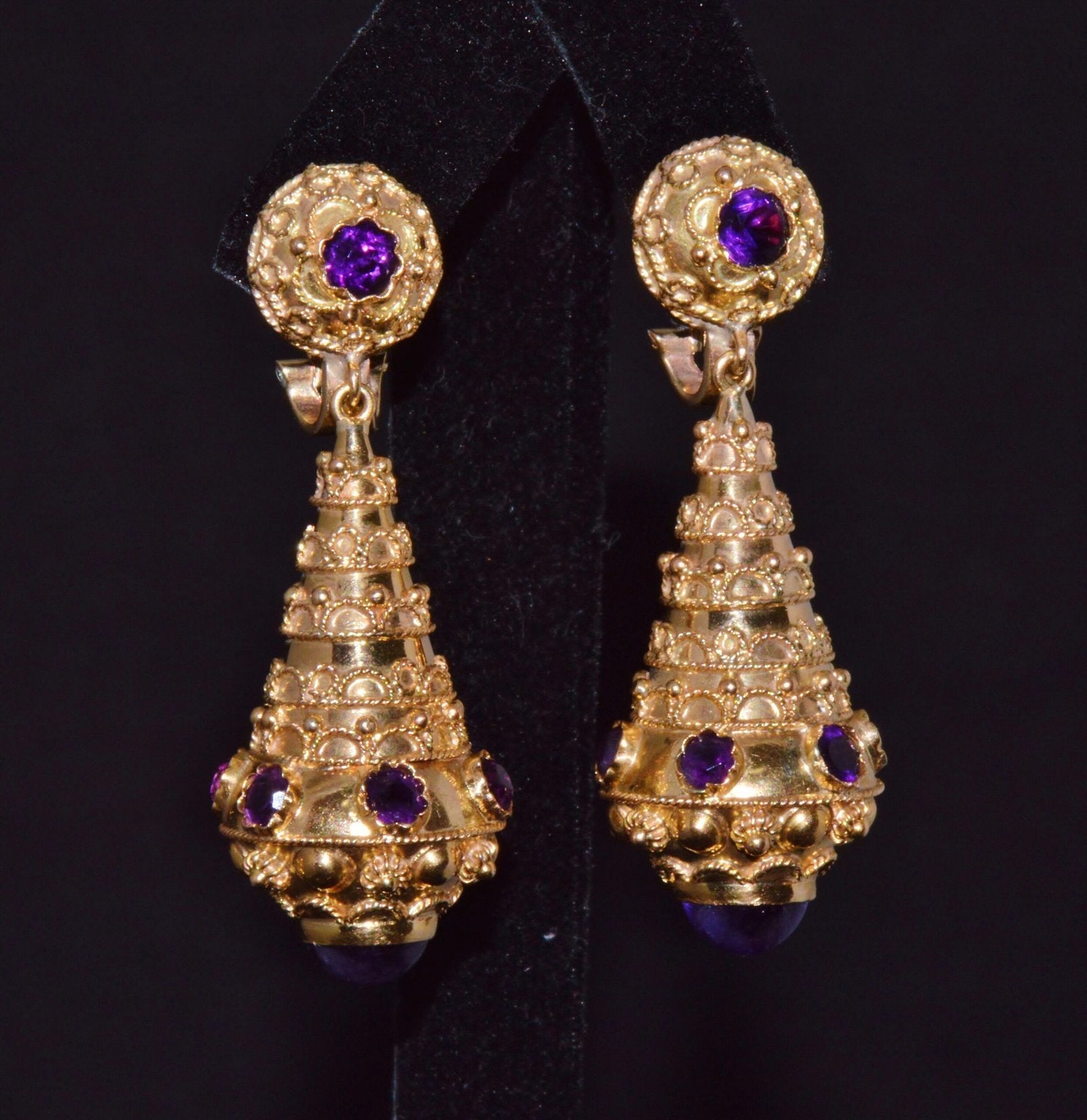 Gorgeous Italian Etruscan Revival 18K 750 Solid Gold Amethyst Dangle Chandelier Earrings