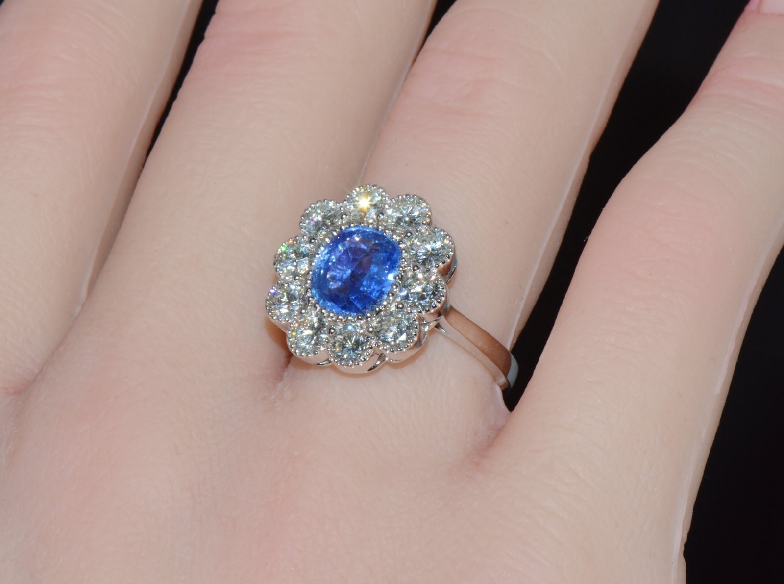 GIA Natural 3.78CTS VS F Diamond Royal Blue Sapphire 18K Gold Dinner Halo Ring