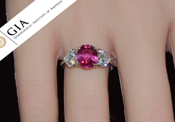 GIA 4.47Cts No-Heat Mozambique Ruby & D VVS2 Heart Diamond Platinum Three Stone Ring