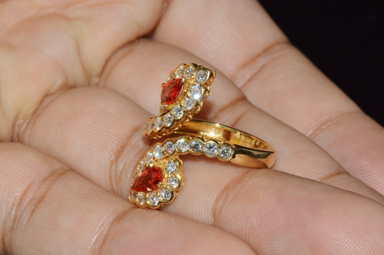 Certified Natural 2.15Cts VS F Diamond Orange Sapphire 18K Solid Gold Bypass Dinner Ring