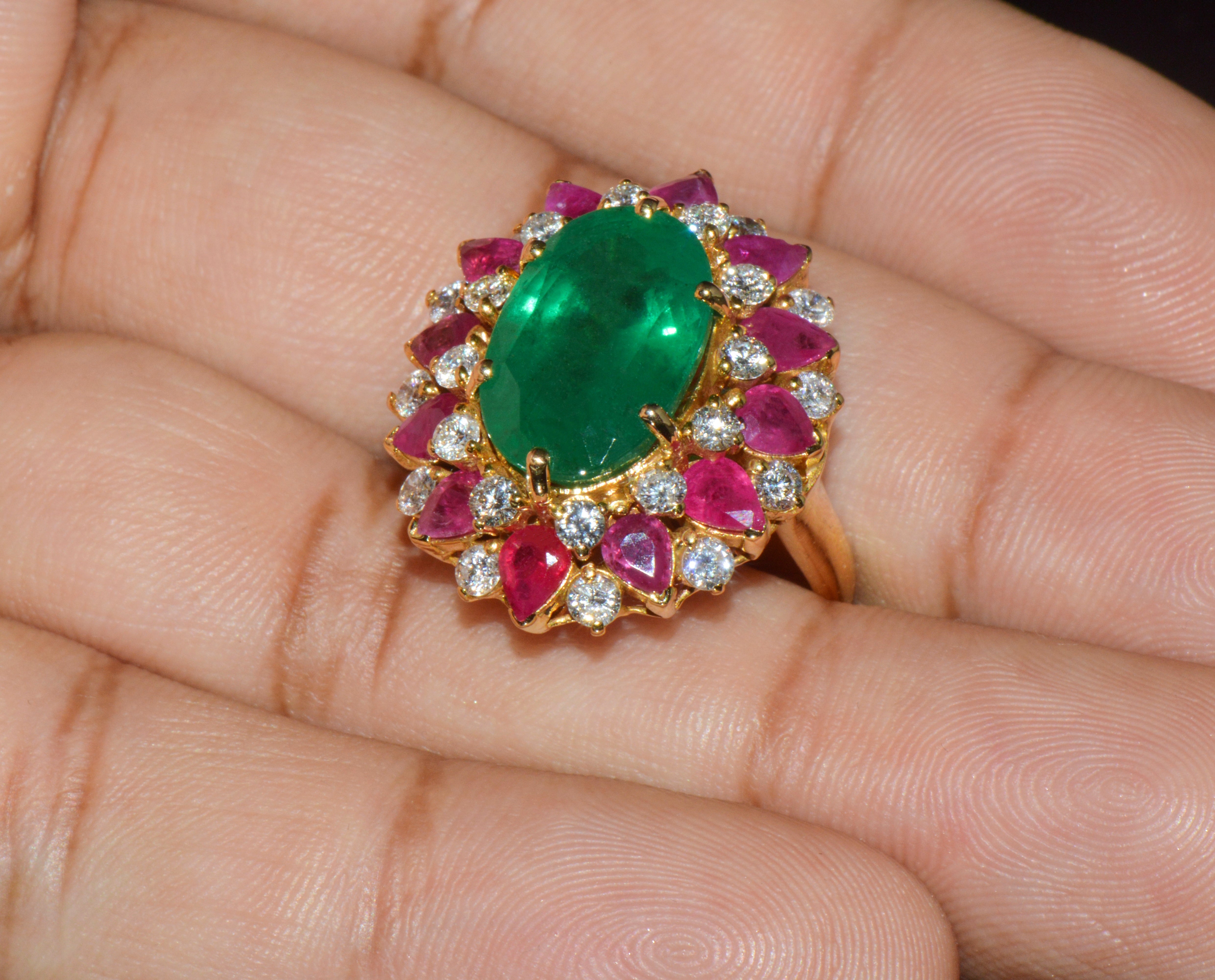 GIA Certified 11.39Ct Zambian Emerald, Ruby & Diamond 18K Gold Cocktail Ring