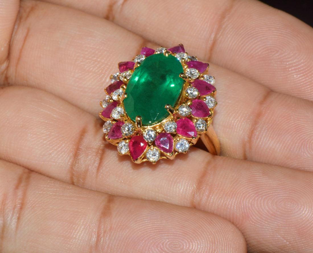 GIA Certified 11.39Ct Zambian Emerald, Ruby & Diamond 18K Gold Cocktail Ring