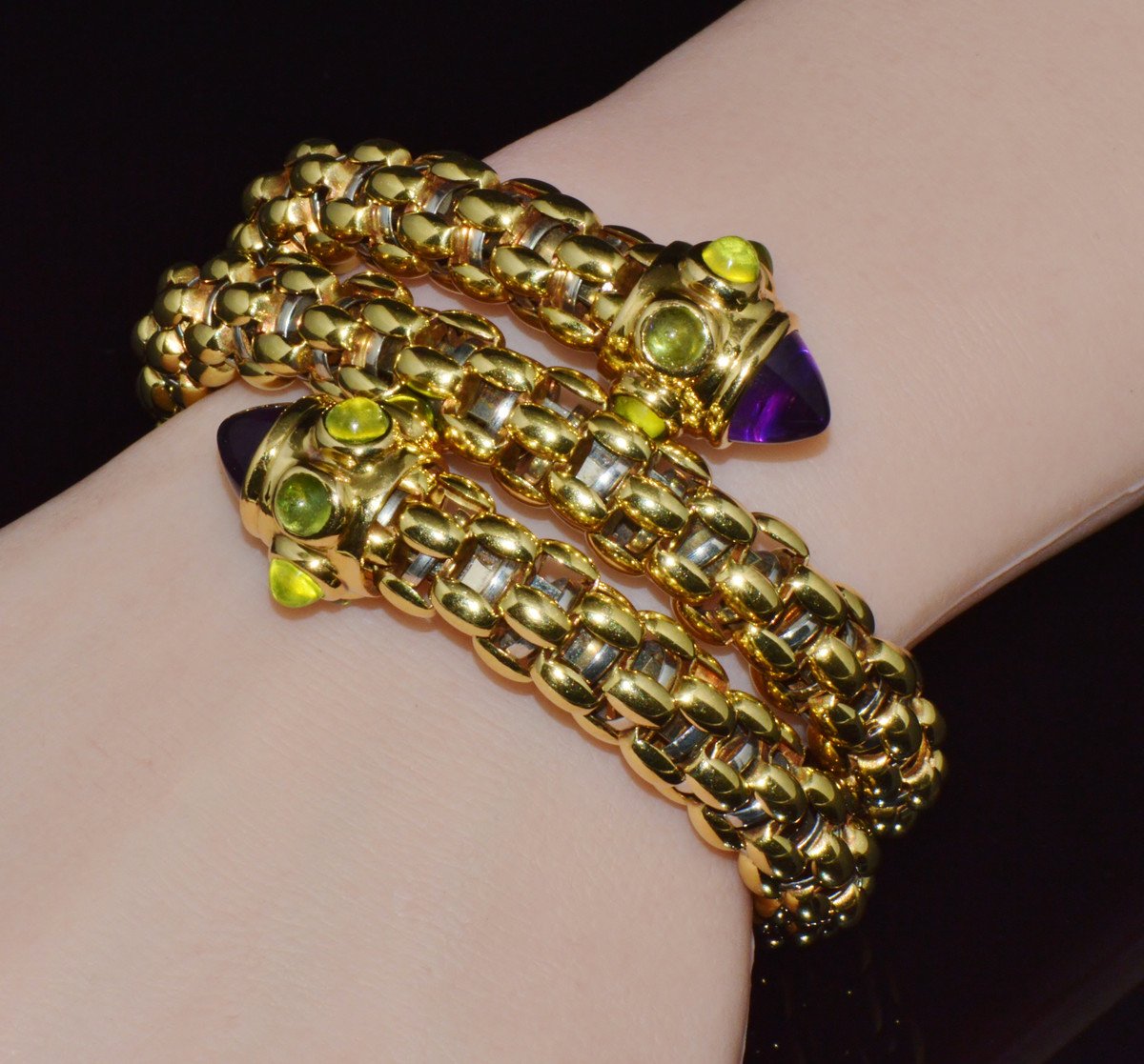 Rare Vintage FOPE 18K Gold Double Wrap Twist Snake Bracelet with Amethyst & Peridot