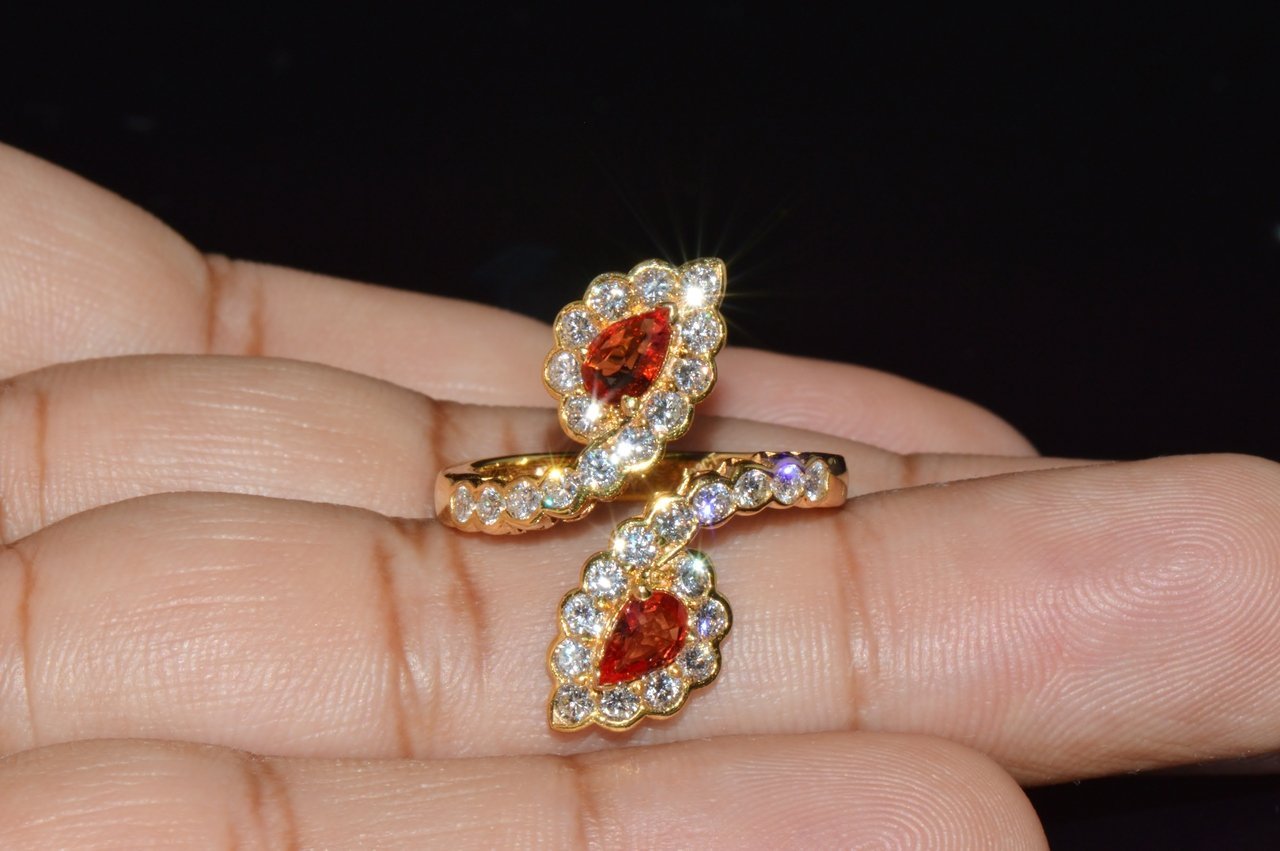 Certified Natural 2.15Cts VS F Diamond Orange Sapphire 18K Solid Gold Bypass Dinner Ring