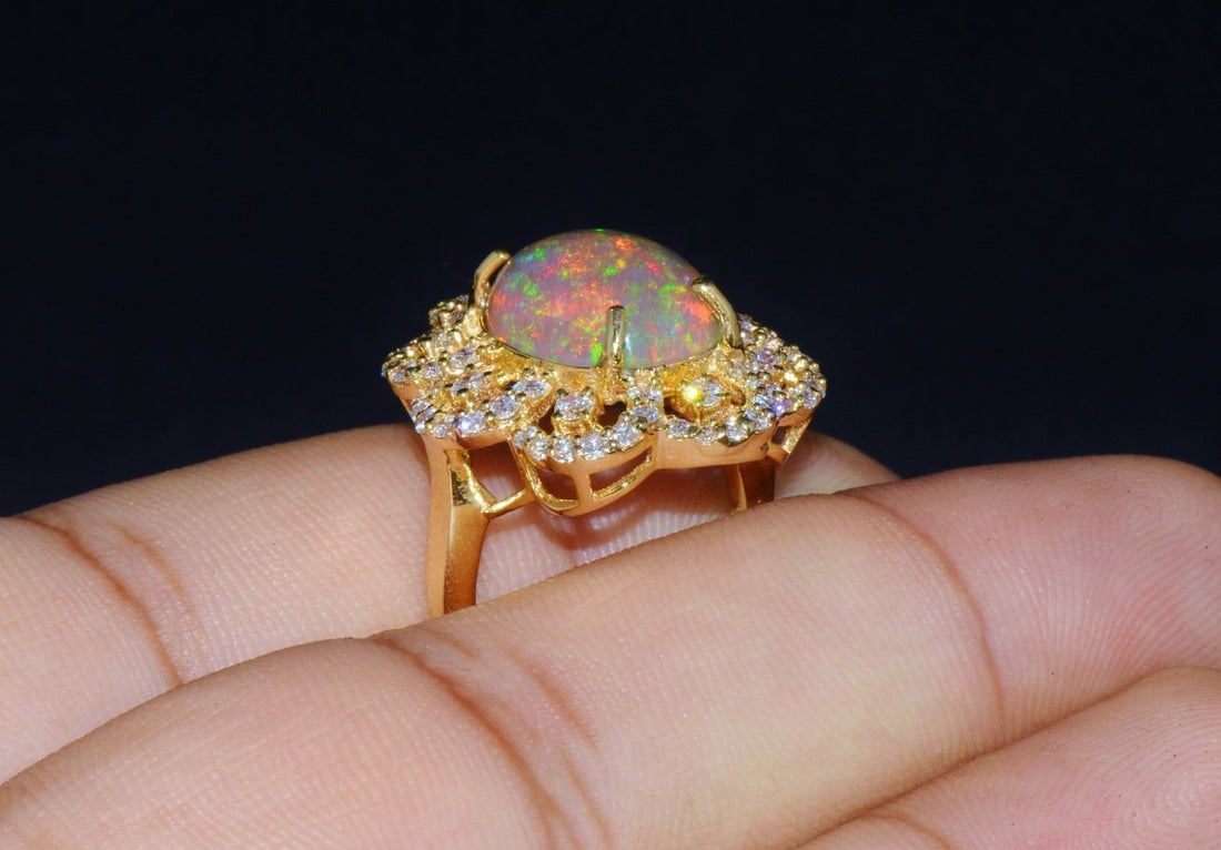 Certified Natural 6.29CTS VS F Diamond Opal 18K Solid Gold Floral Ring
