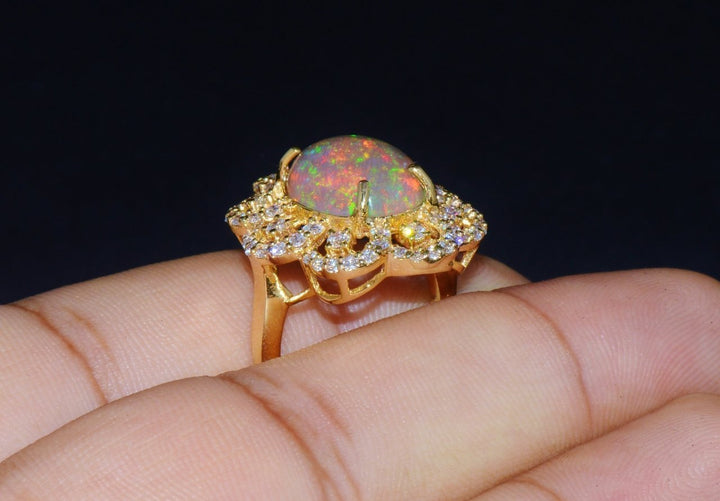 Certified Natural 6.29CTS VS F Diamond Opal 18K Solid Gold Floral Ring