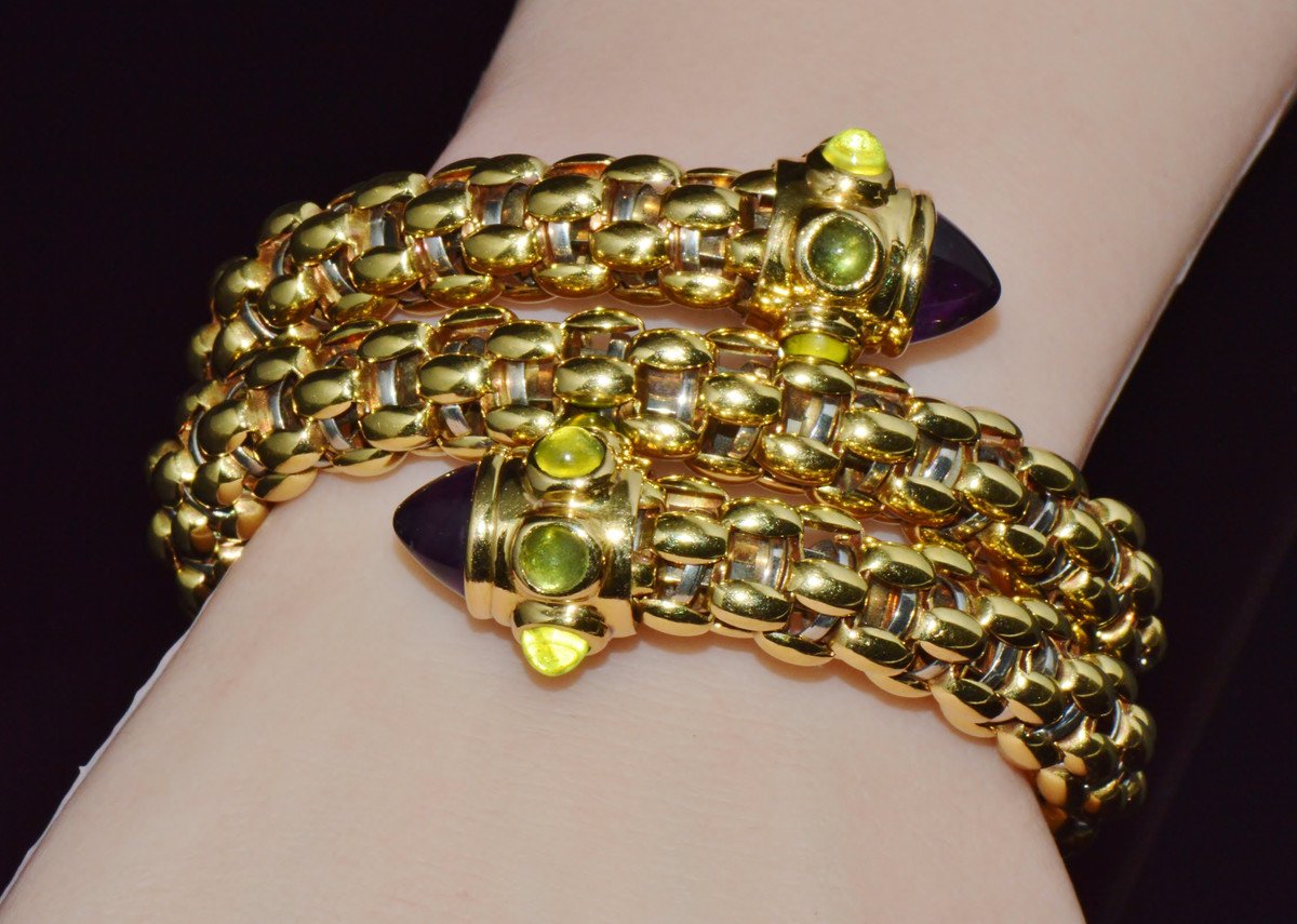 Rare Vintage FOPE 18K Gold Double Wrap Twist Snake Bracelet with Amethyst & Peridot