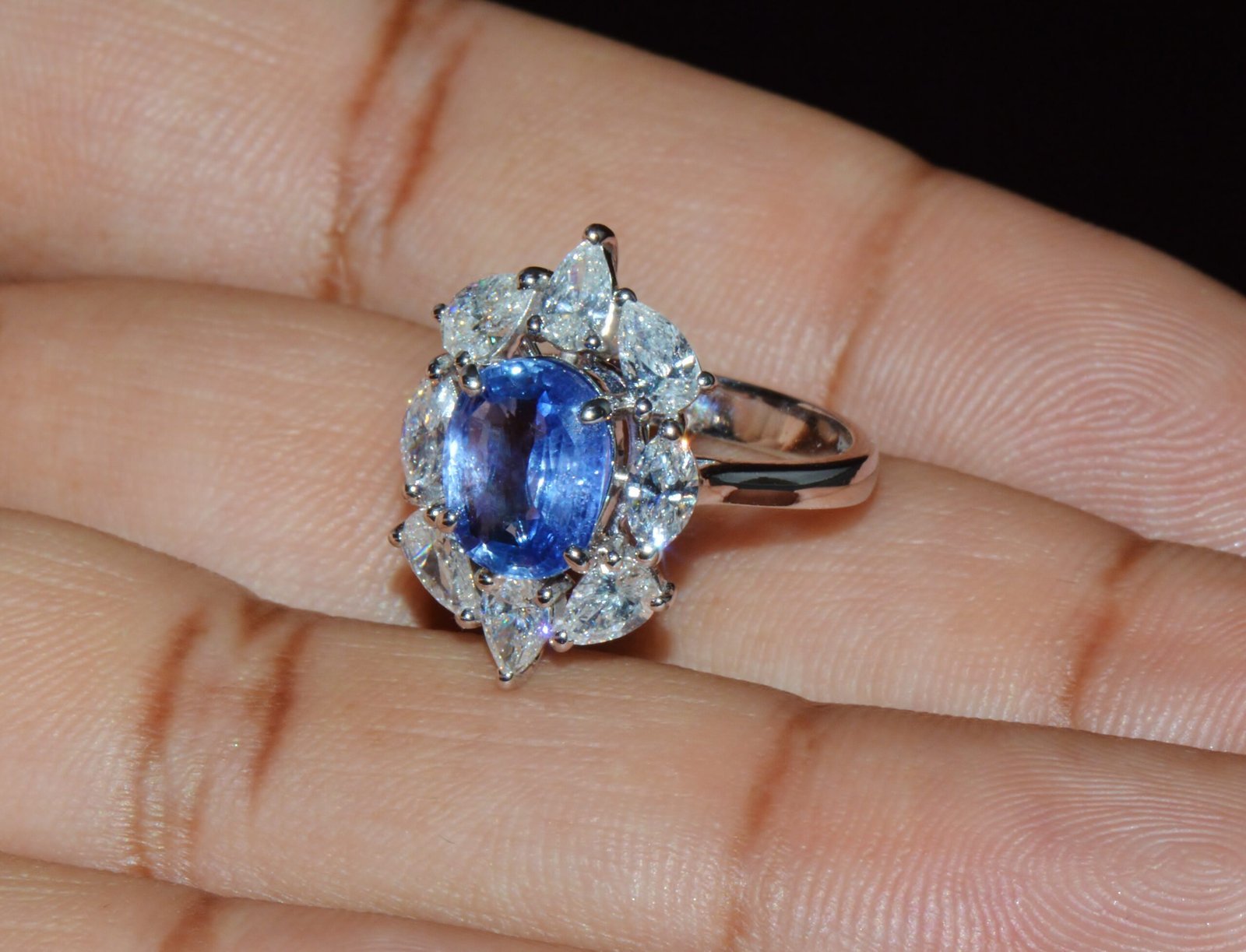 GIA Certified 3.29CT No-Heat Blue Sapphire & Diamond 18K Gold Halo Ring