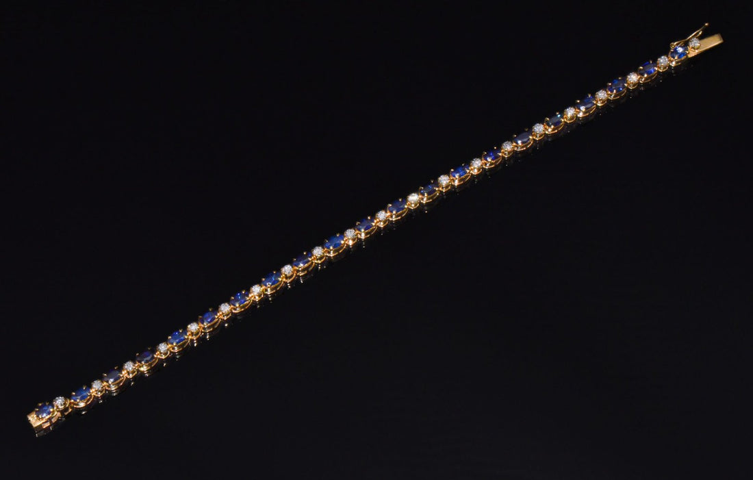 Certified Natural 7.09CT Blue Sapphire & Diamond Solid 18K Yellow Gold Tennis Stacking Bracelet