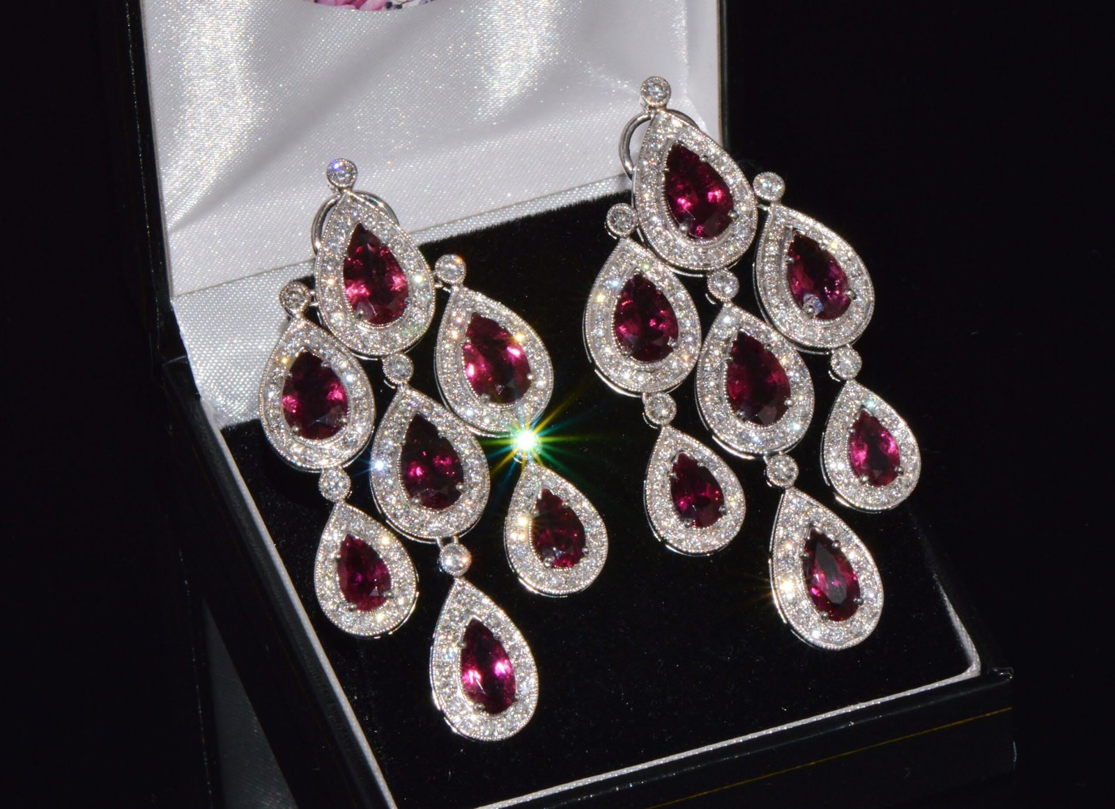 Certified Natural 23.53CTS VS F Diamond Rubellite Tourmaline Chandelier Halo Earrings
