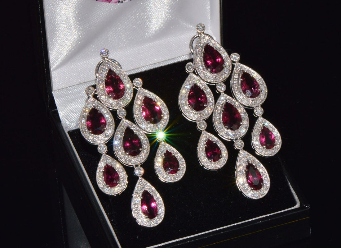 Certified Natural 23.53CTS VS F Diamond Rubellite Tourmaline Chandelier Halo Earrings