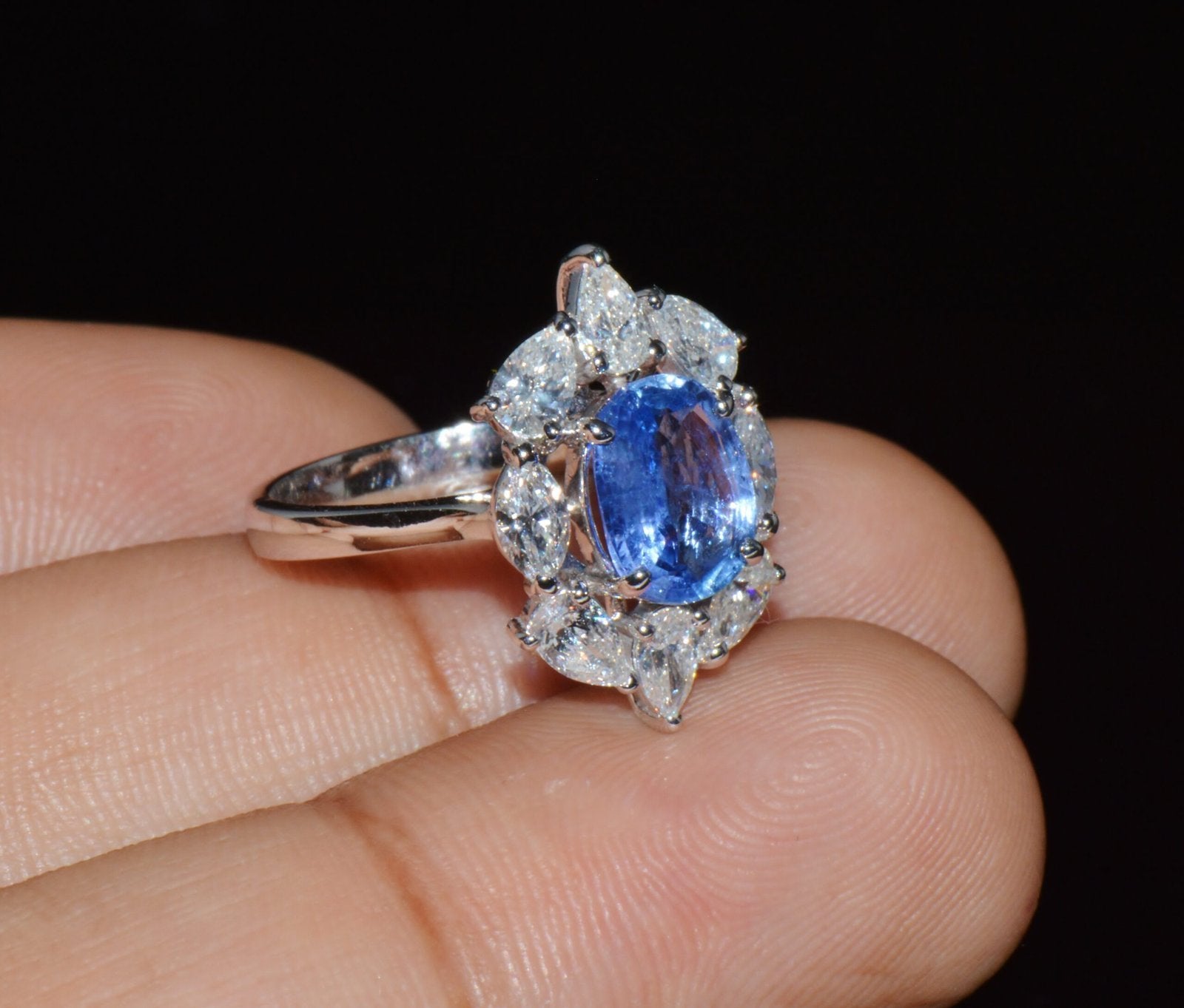 GIA Certified 3.29CT No-Heat Blue Sapphire & Diamond 18K Gold Halo Ring
