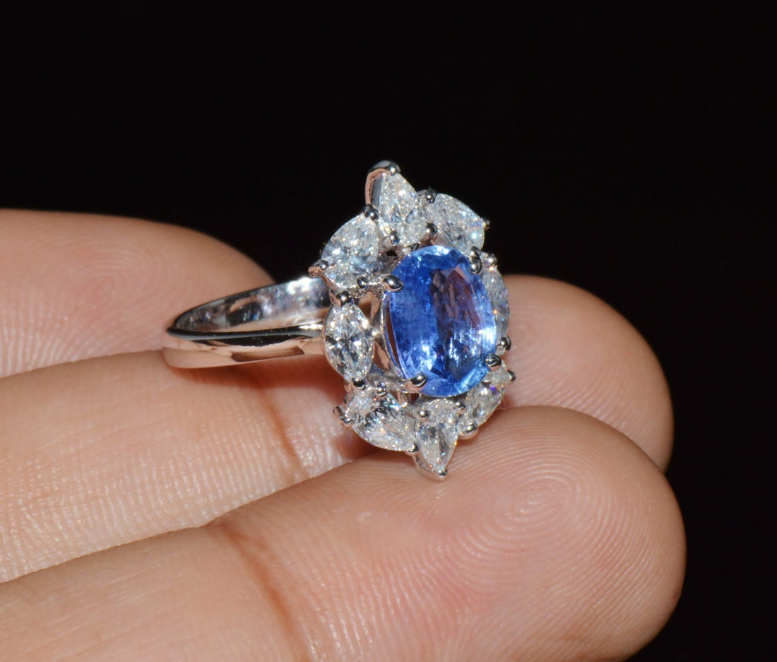GIA Certified 3.29CT No-Heat Blue Sapphire & Diamond 18K Gold Halo Ring
