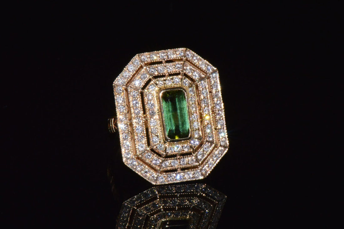 Certified Natural 2.82CTS VS F Diamond Green Tourmaline 750 18K Solid Gold Milgrain Cocktail Ring