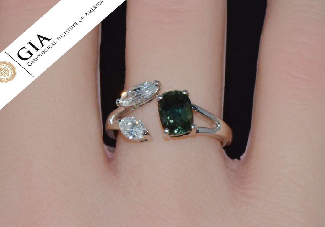 GIA Natural 2.10Cts VS F Diamond Unheated Bluish Green Sapphire 18K Gold Toi et Moi Bypass Ring